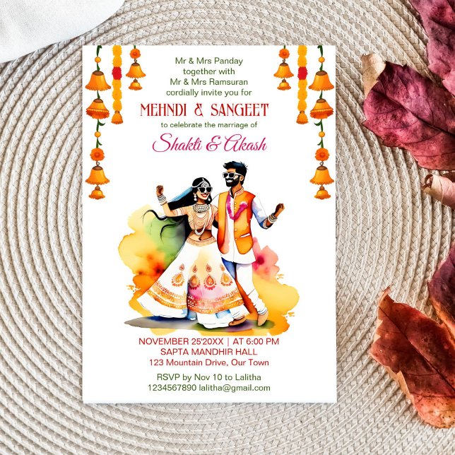 Mehndi Sangeet tanzend indisches Brautpaar modern Einladung (Mehndi and sangeet template invitation instant download dancing Indian bridal couple modern colorful)