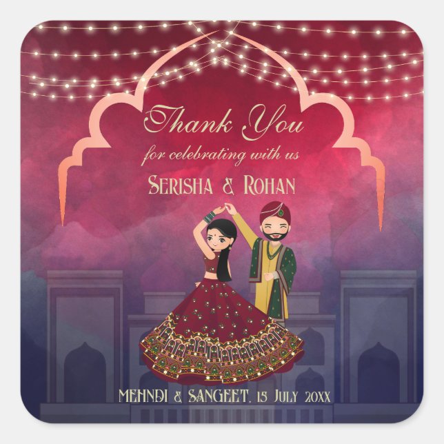 Mehndi Sangeet tanzend Paar dunkelblau Custom Quadratischer Aufkleber (Vorderseite)