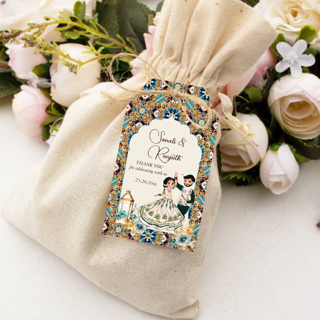 Mehndi und sangeet indische Gastgeschenk Hochzeit Geschenkanhänger (Mehndi and sangeet Indian wedding with cute bridal couple cartoon thank you favor Gift Tags )