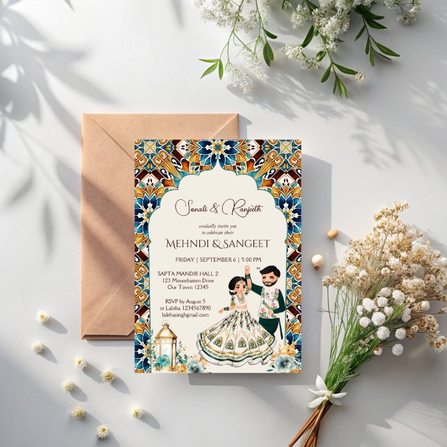Mehndi und sangeet indische Hochzeit Einladung (Mehndi and sangeet Indian wedding Invitation template instant download cute bridal couple cartoon)