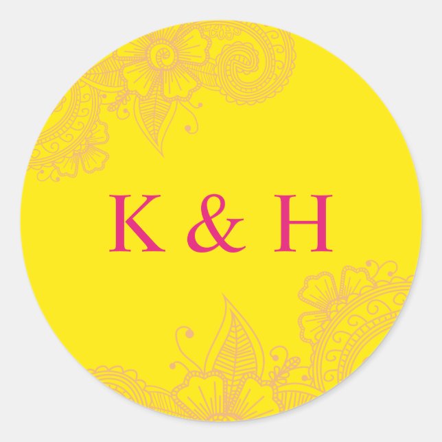 Mehndi Wedding Monogram Classic Round Sticker (Vorderseite)