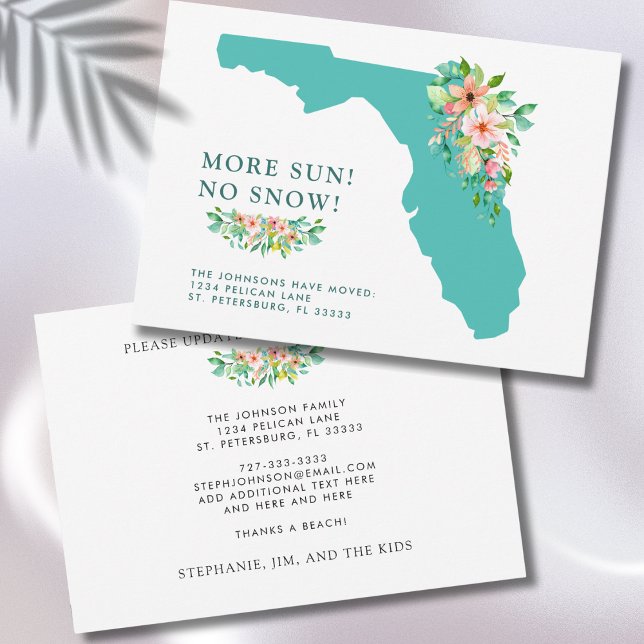 Mehr Sonne ohne Schnee Florida Karte bewegen (More Sun No Snow Florida Map Floral Moving Announcement Flat Card)