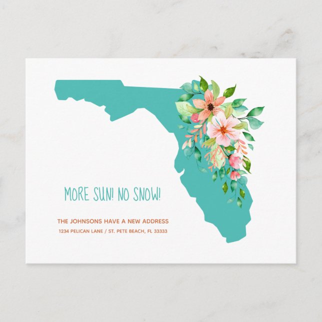 Mehr Sun No Snow New Address Florida Map Ankündigungspostkarte (Vorderseite)