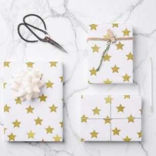 Mehrere goldene Sterne auf weißem Hintergrund Geschenkpapier Set