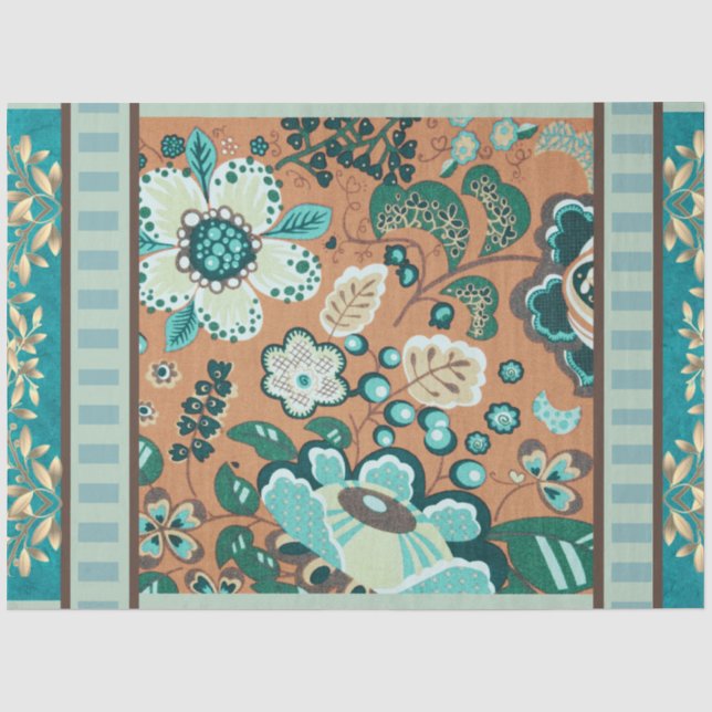 Mehrere Muster, Aquamarin, Grün, Rost, Gold, Blume Seidenpapier (Vorderseite)