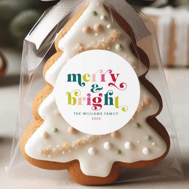 Mehrfarbig Moderne Weihnachten Runder Aufkleber (Multi Colored Modern Merry & Bright Christmas Classic Round Sticker)