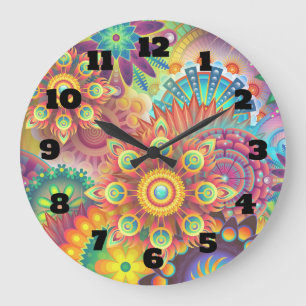 Mehrfarbige Art Deco-Blumenformen-Muster Große Wanduhr