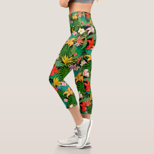 Mehrfarbige Blume & Palm-Blätter auf Black Capri Leggings