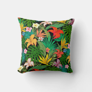 Mehrfarbige Blume & Palm-Blätter auf der schwarzen Kissen