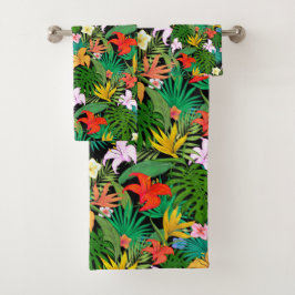 Mehrfarbige Blume & Palm-Blätter auf schwarz Badhandtuch Set
