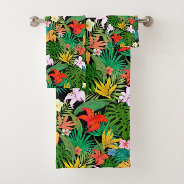Mehrfarbige Blume & Palm-Blätter auf schwarz Badhandtuch Set (Insitu)