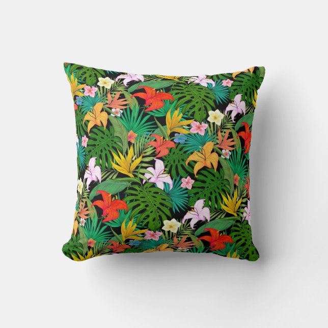 Mehrfarbige Blume & Palm-Blätter auf schwarz Kissen (Vorderseite)