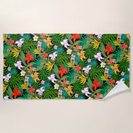 Mehrfarbige Blume & Palm-Blätter auf schwarz Strandtuch