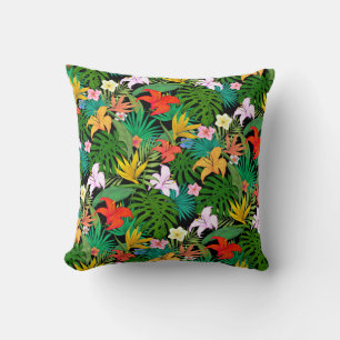 Mehrfarbige Blumen und Palmwedel auf Schwarz Kissen