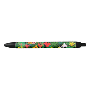 Mehrfarbige Blumen und Palmwedel auf Schwarz Kugelschreiber
