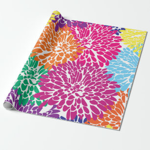 mehrfarbige Chrysanthemen auf weißem Umhüllungspap Geschenkpapier