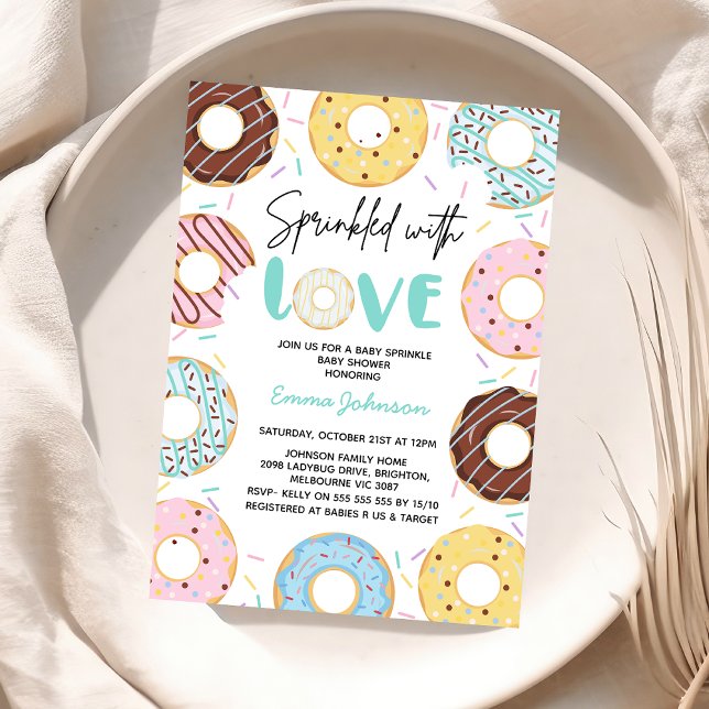 Mehrfarbige Donuts Baby Sprinkle Baby Dusche Einladung (Multicolored Gender Neutral Sprinkled with Love Baby Shower Invitation Baby Sprinkles Invite Donuts)