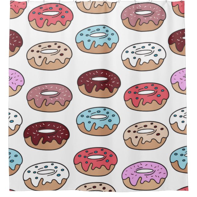 Mehrfarbige Donuts handgezeichnet nahtlos Muster.  Duschvorhang (Vorderseite)