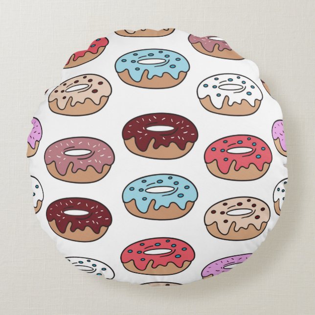 Mehrfarbige Donuts handgezeichnet nahtlos Muster.  Rundes Kissen (Vorderseite)