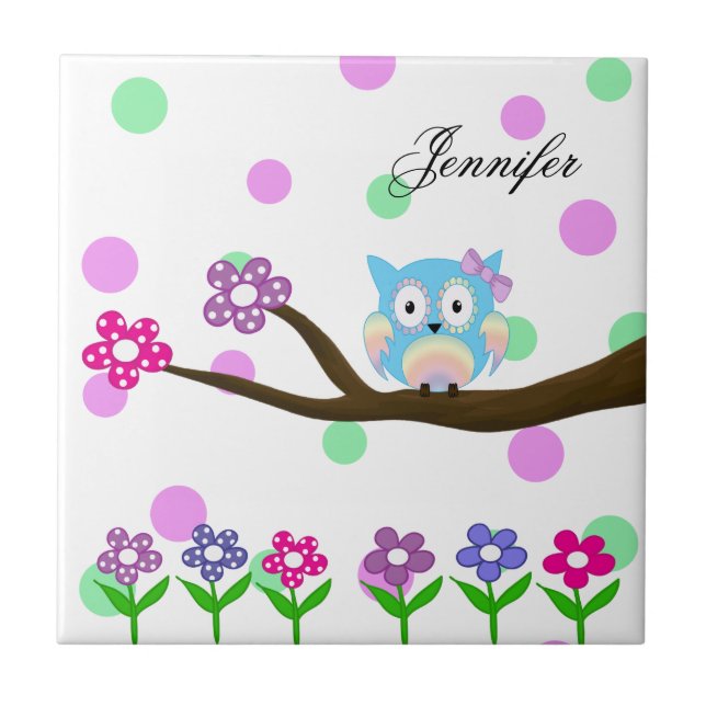 Mehrfarbige Eule des Hippie auf Baum und Blumen Fliese (Vorderseite)