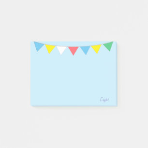 Mehrfarbige Flaggen und Kalligrafie auf Hellblau Post-it Klebezettel