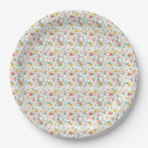 Mehrfarbige Frühlingsblumenmuster weißer Hintergru Pappteller