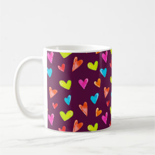 Mehrfarbige Herzen: Lila Wasserfarben-Muster. Kaffeetasse