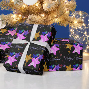 Mehrfarbige leuchtende Sterne- Frohe Weihnachten! Geschenkpapier