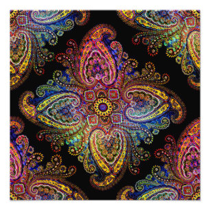 Mehrfarbige Nadelrad-Paisley auf Schwarz Fotodruck