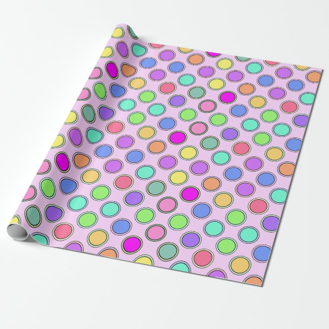mehrfarbige Polka-Punkte auf blassrosa Hintergrund Geschenkpapier (Ungerollt)