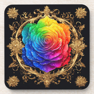 🌹 Mehrfarbige Rose Verzierte Goldene Blumenelegan Getränkeuntersetzer