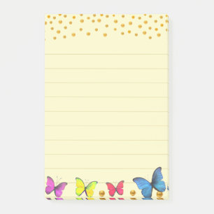 Mehrfarbige Schmetterlinge & Goldkonfetti auf lini Post-it Klebezettel