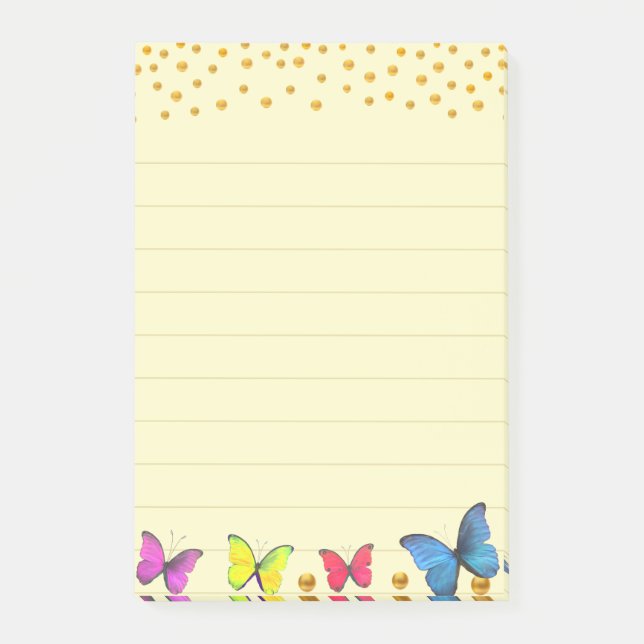 Mehrfarbige Schmetterlinge und Goldkonfetti auf Li Post-it Klebezettel (Vorderseite)