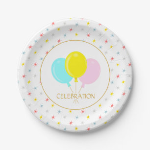 Mehrfarbige Sterne und Balloons Pappteller