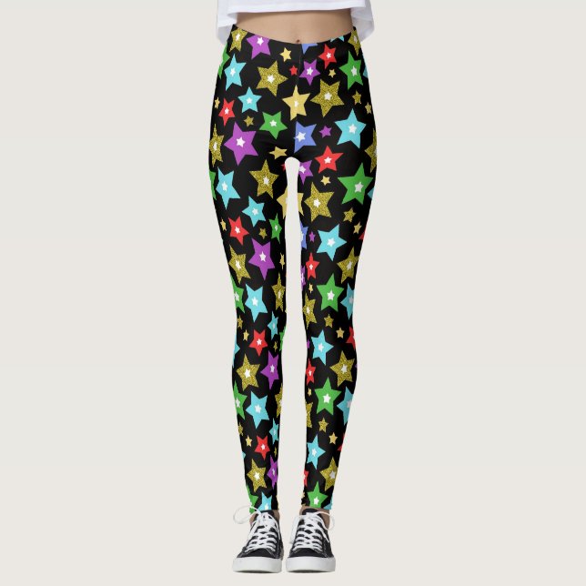 Mehrfarbige und schimmernde Goldstars auf schwarz Leggings (Vorderseite)