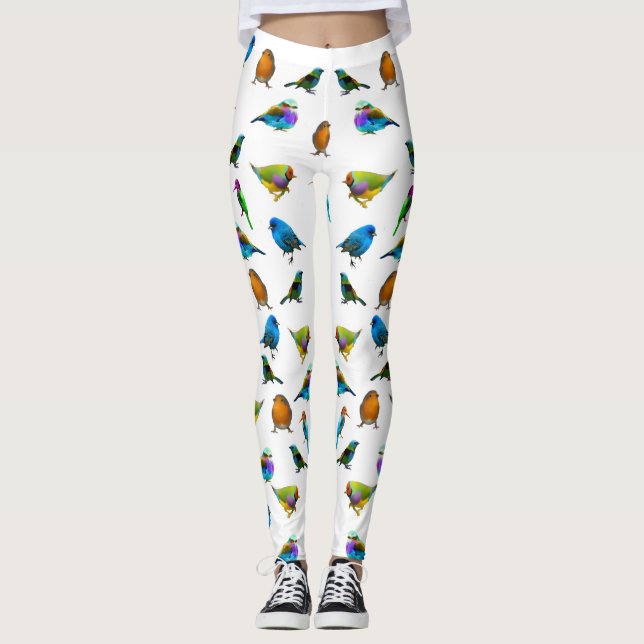 Mehrfarbige Vögel auf weißen Leggings (Vorderseite)