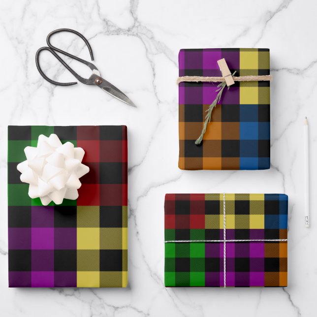Mehrfarbiger Regenbogen-Quilt Buffalo Karierter Ur Geschenkpapier Set (Vorderseite)