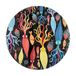 mehrfarbiger Tintenfisch Schwarzer Hintergrund Schneidebrett