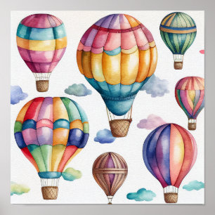 Mehrfarbiger Wasserfarben-Heißluftballons-Kunstdru Poster