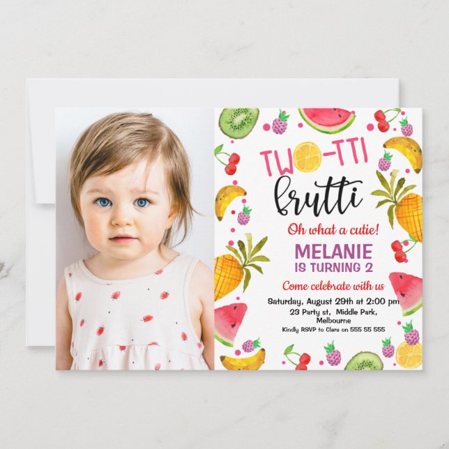 mehrfarbiges Foto Zwei-tti Frutti 2. Geburtstag Einladung (Vorderseite)
