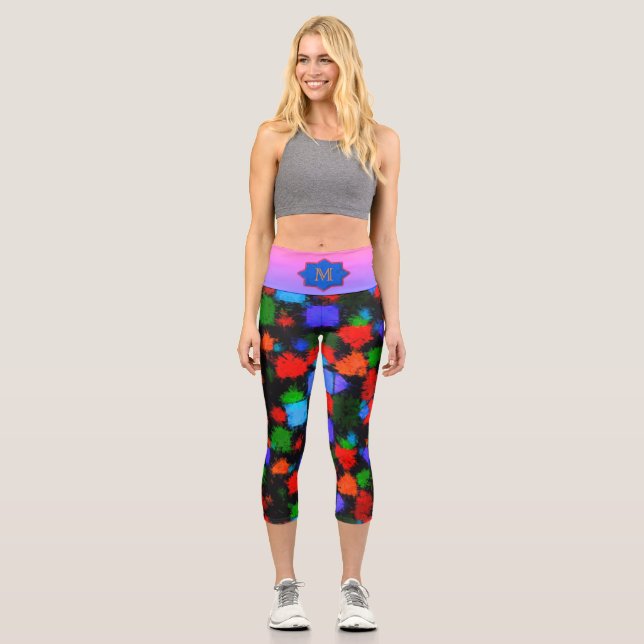 mehrfarbiges Orangenblau Abstraktes Muster Capri Leggings (Vorderseite)