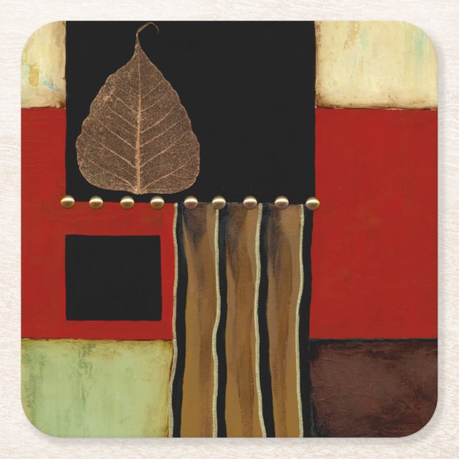 mehrfarbiges Paneelgemälde mit braunem Leaf Rechteckiger Pappuntersetzer (Vorderseite)
