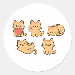 Mehrkatzen-Aufkleber – 5 süße Kawaii-Katzen (rund) Runder Aufkleber