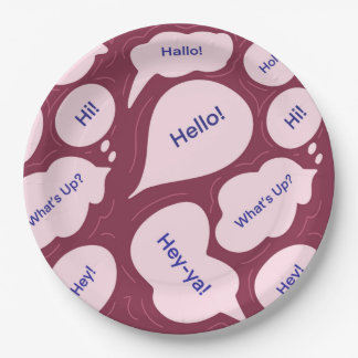 Mehrsprachige Hello Speech Bubbles Muster Serviett Pappteller