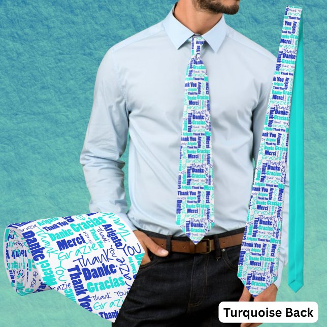 Mehrsprachiger Dank an Typografy Collage Krawatte (Blue and turquoise multilingual thank you word cloud polyester tie. )