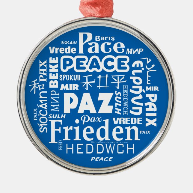 Mehrsprachiges Blau der Weihnachtsdekoration Silbernes Ornament (Vorne)