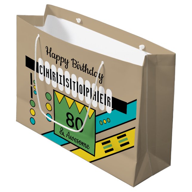 Meilenstein besondere Geburtsname Grün gelb Große Geschenktüte (Vorderseite Schrägansicht)