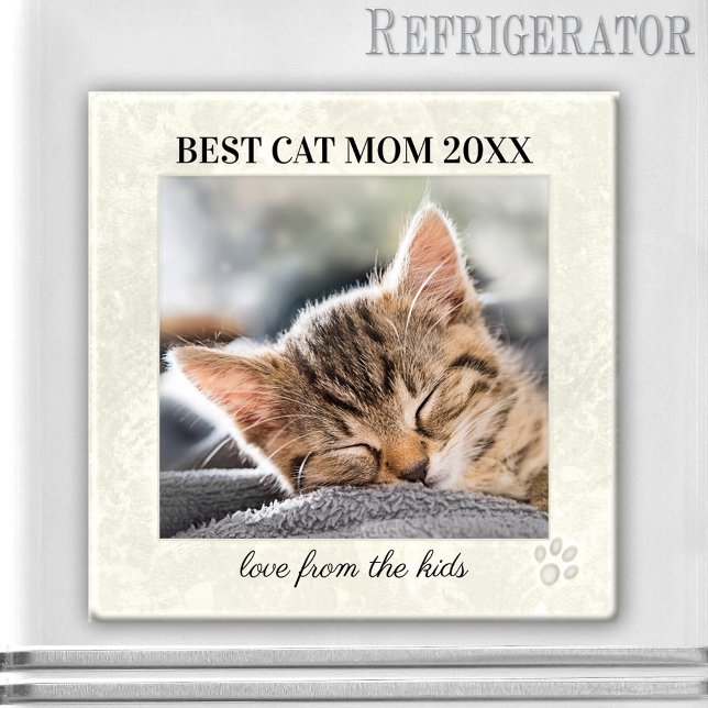 Meilleur chat Maman Fête des Mères Magnet photo (A pretty off-white stylized design magnet featuring your own cat photo with a paw signature)