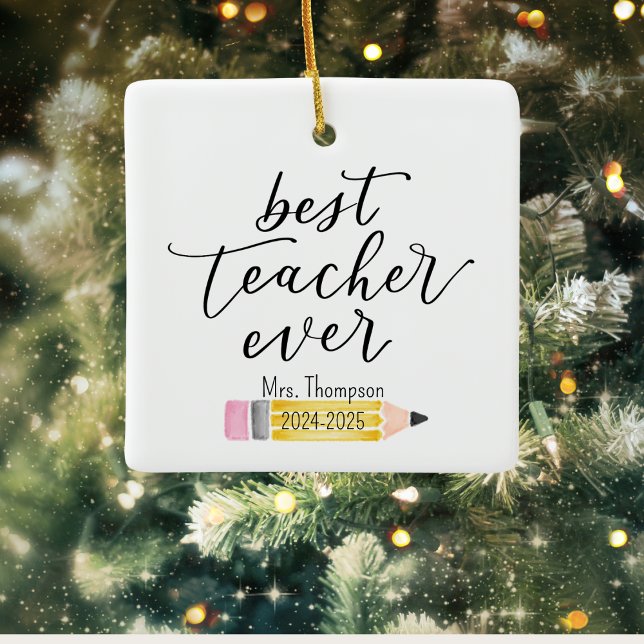 MEILLEUR ENSEIGNANT JAMAIS Ornement personnalisé (Best Teacher Ever Ornament | Personalized Pencil Design | Custom Holiday Gift for Educators)