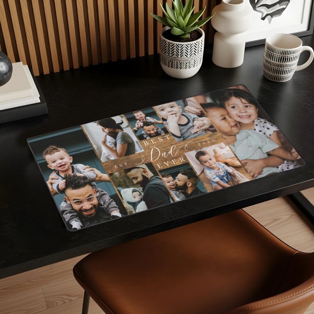Meilleur papa Jamais Cadeau Rustique Woodgrain Pho (Best Dad Ever Gift Rustic Woodgrain Photo Collage Desk Mat)